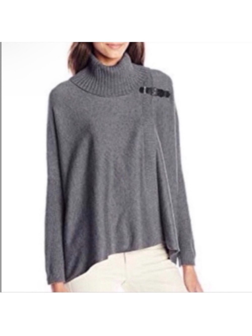 Calvin Klein Knit Tunic Sweater Poncho S/M taupe Turtleneck Leather Gold Buckle